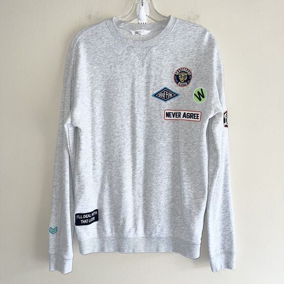 HM Sweatshirt Big Boys Size 14 Embroidered Patches Long Sleeve Crew Neck Gray - Picture 1 of 9